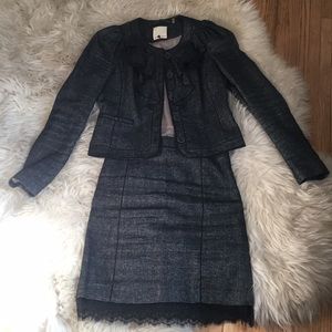 Gray tweed Rebecca Taylor skirt suit lace trim Sz6